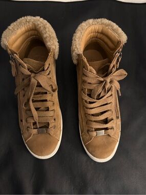 UGG Tan Lace-Up Shearling Collar High-Top Sneakers